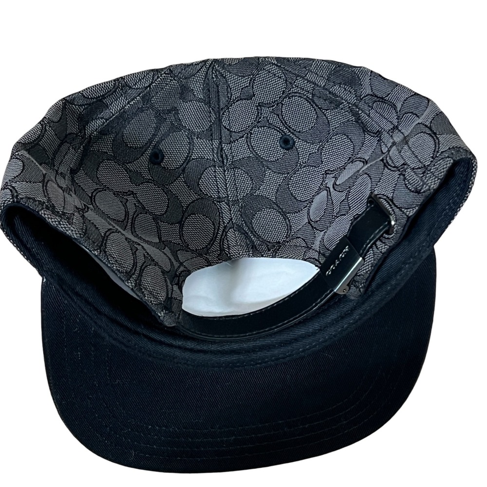 Coach Signature Jacquard Flat Brim Baseball Cap Charcoal Black Leather Logo M/L - Picture 10 of 12